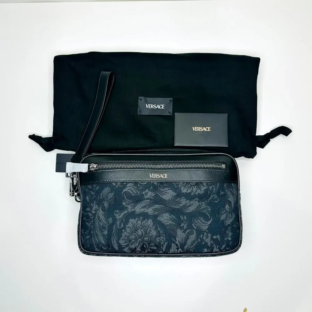 Versace Athena Black Jacquard Barocco Clutch Bag Leather Wrist Strap NWT $995